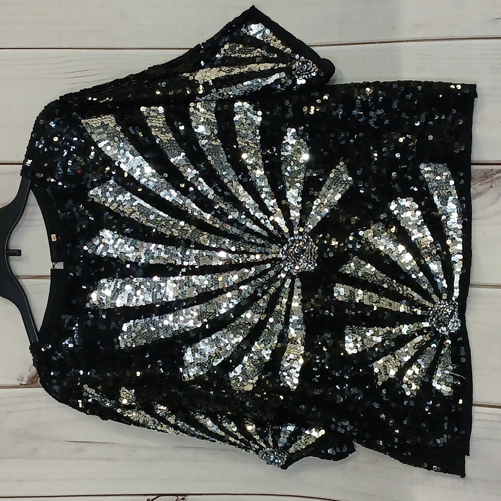 Vintage black silver disco 70s 80s sequin top blouse shirt sz M L